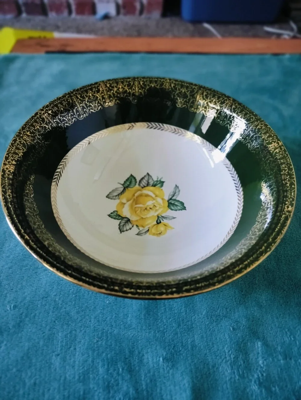Vintage Homer Laughlin Lady Greenbriar Serving Bowl Yellow Rose Green Gold 1952